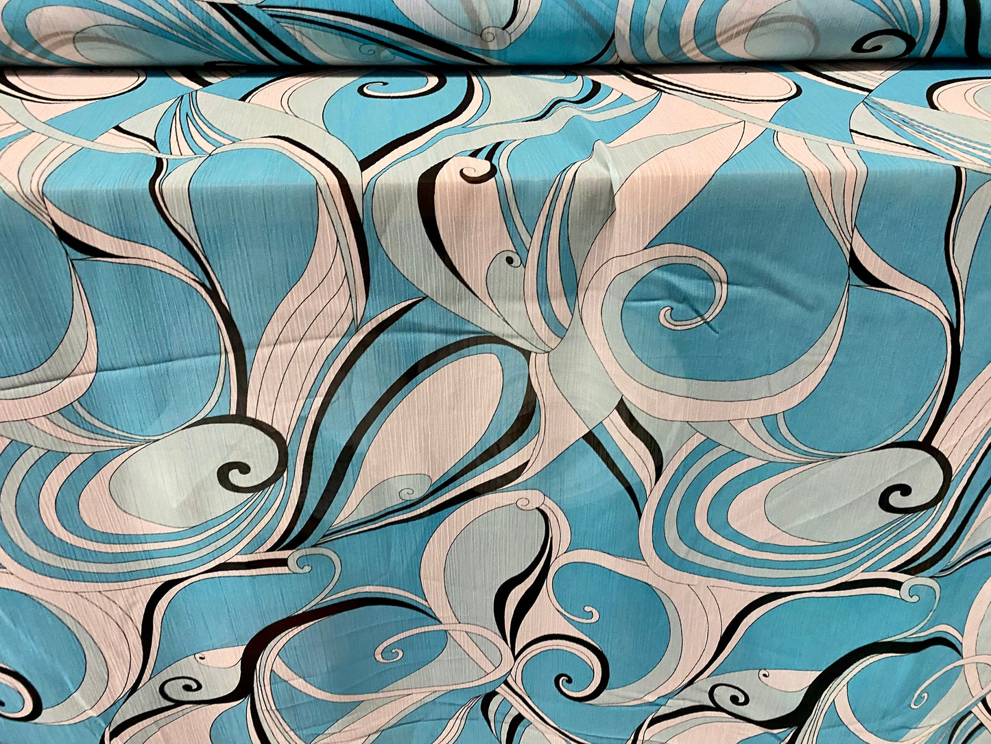 Printed chiffon yoryu dress blouse fabric, per metre - 60s swirl print - Sky blue