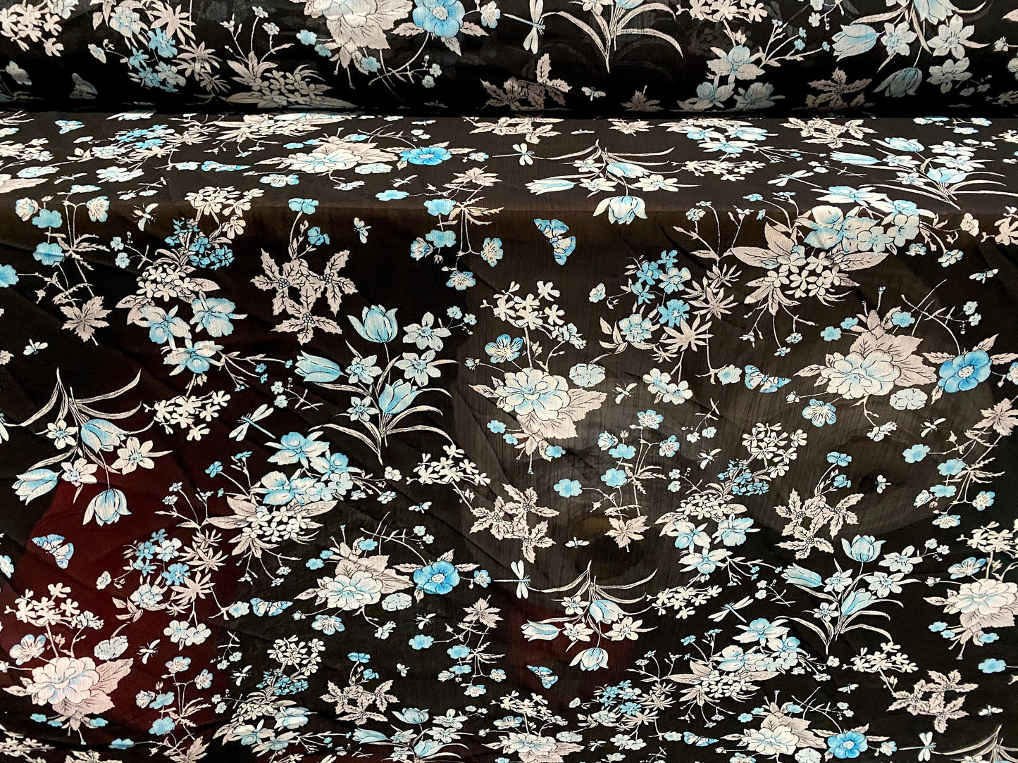 Printed chiffon yoryu dress blouse fabric, per metre - black with small turquoise flower print