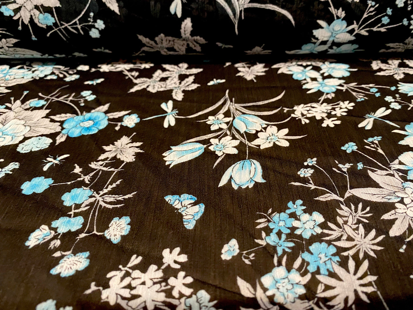 Printed chiffon yoryu dress blouse fabric, per metre - black with small turquoise flower print