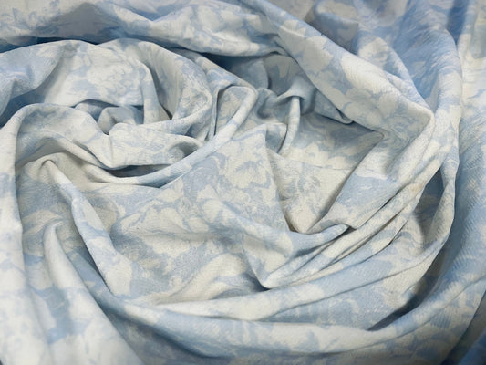 Sheer stretch lightweight jersey fabric, per metre - pale blue rose print