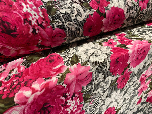 Printed chiffon woven dress blouse fabric, per metre - Roses on lace print - fuschia