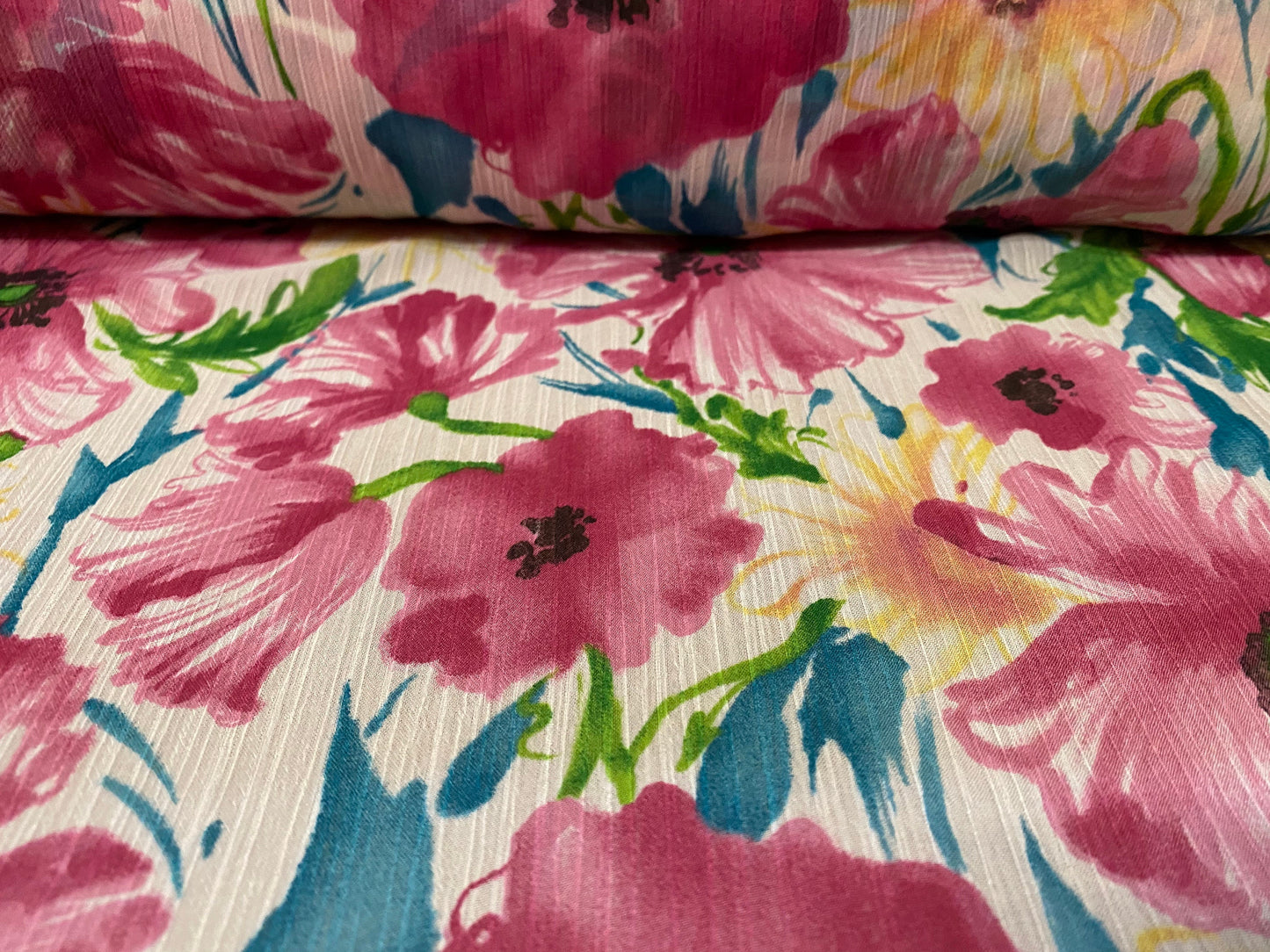 Printed chiffon yoryu dress blouse fabric, per metre - poppy flower - pink