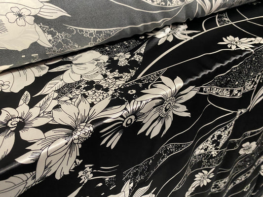 Silky Stretch satin dress fabric, per metre - Floral print - black & silver