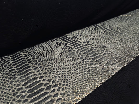 Spandex velvet stretch fabric, per metre - embossed crocodile print - black & gold