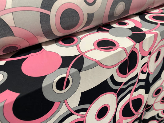 Spandex stretch ITY jersey fabric, per metre - retro circles print - pink