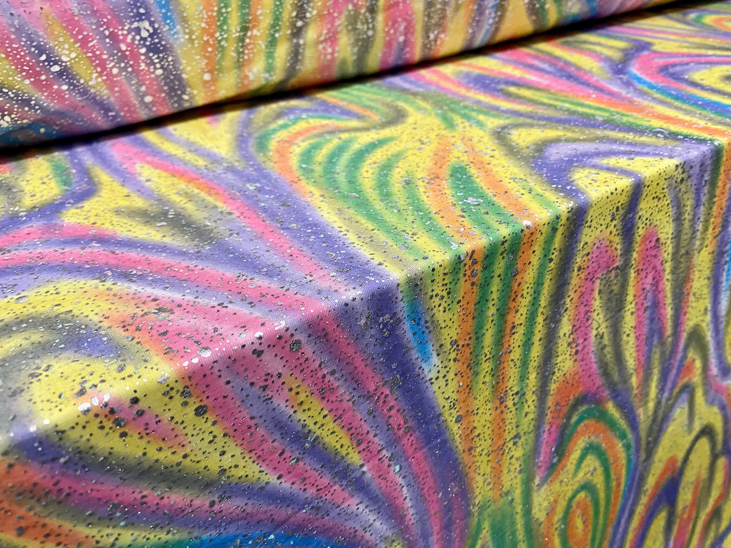 Stretch spandex jersey fabric, per metre - rainbow swirl,print with metallic splash