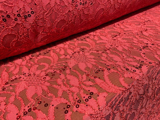 Stretch  lace dress fabric with sequins, per metre - coral