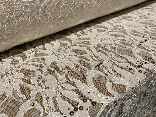 Stretch  lace dress fabric with sequins, per metre - cream