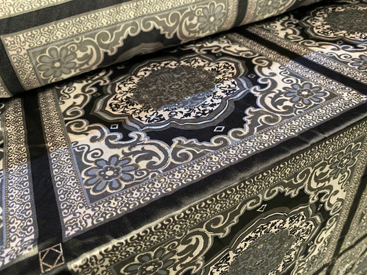 Silky Stretch charmeuse satin dress fabric, per metre - paisley squares print - grey & metallic silver