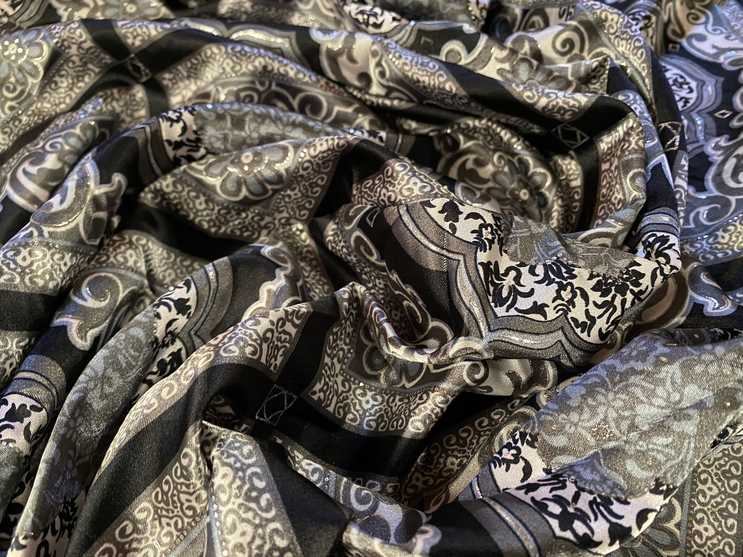 Silky Stretch charmeuse satin dress fabric, per metre - paisley squares print - grey & metallic silver