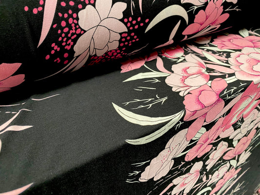 Spandex stretch ITY jersey fabric, per metre - black with pink flower print