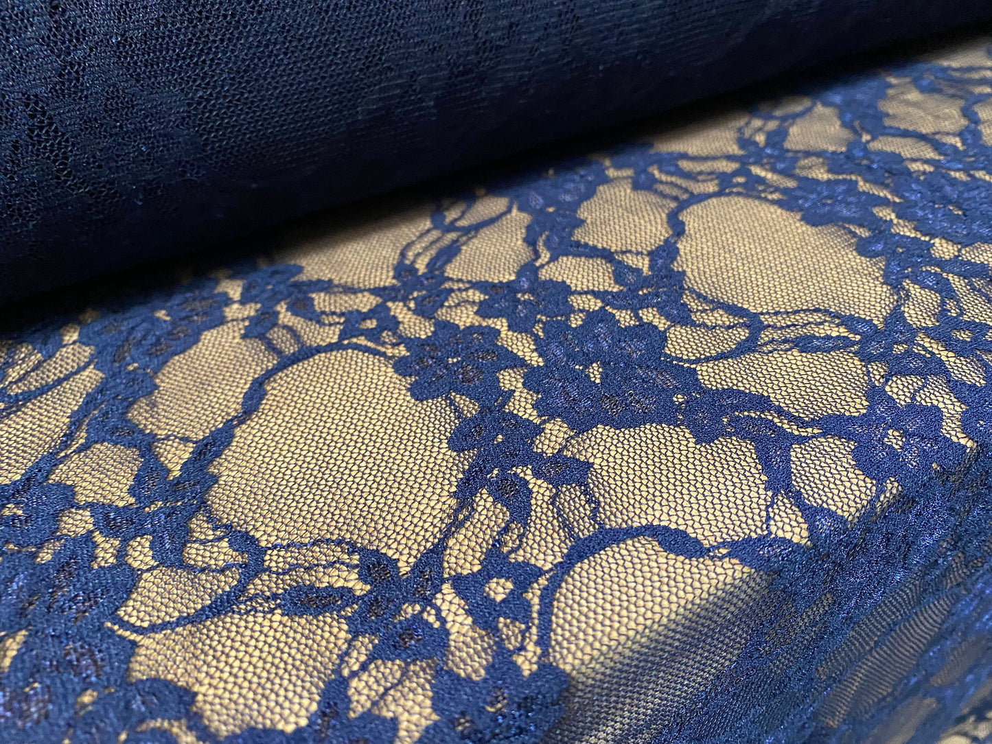 Stretch mesh lace net floral fabric, per metre - navy blue