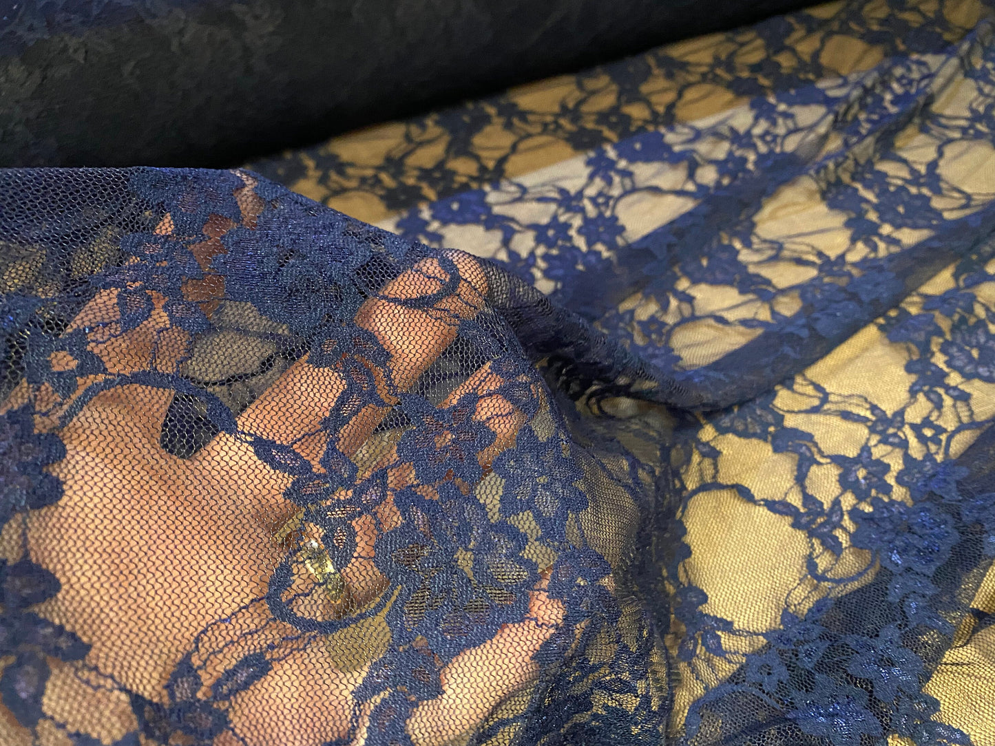 Stretch mesh lace net floral fabric, per metre - navy blue