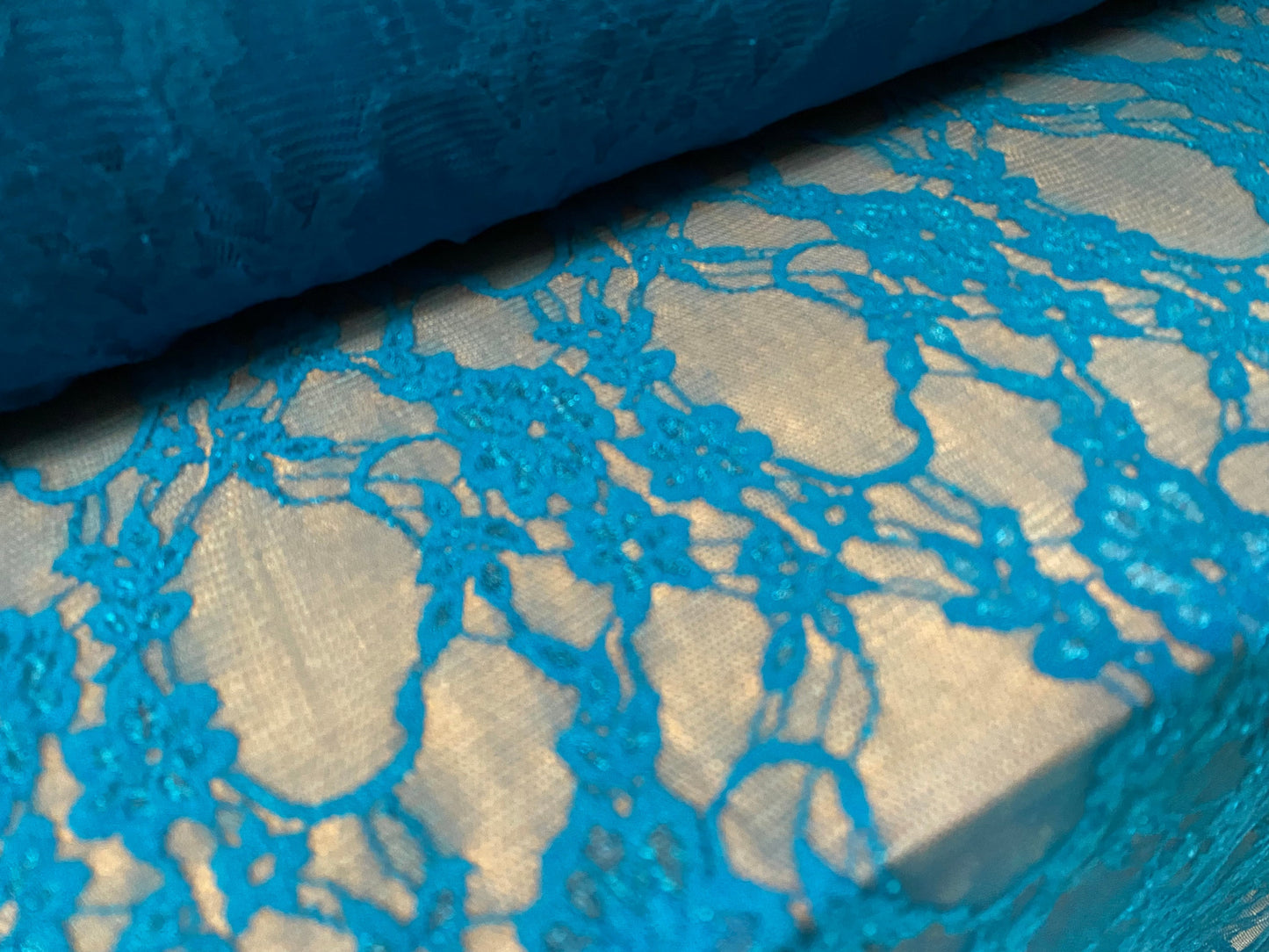 Stretch mesh lace net floral fabric, per metre - kingfisher blue