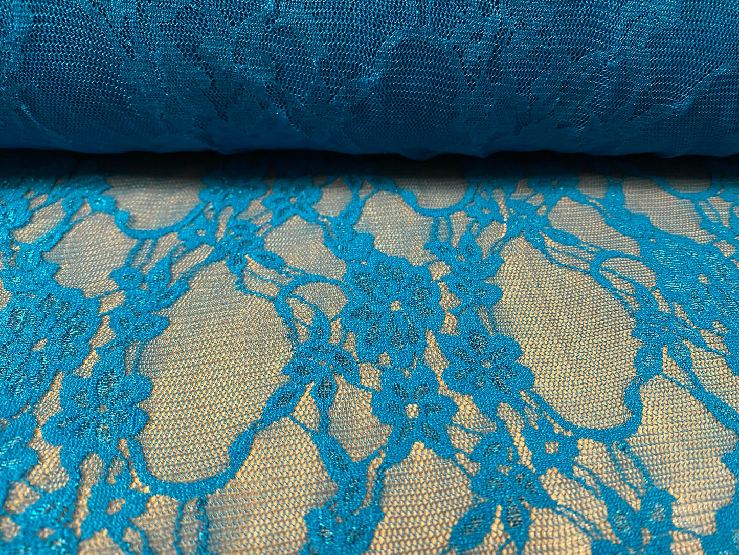 Stretch mesh lace net floral fabric, per metre - kingfisher blue