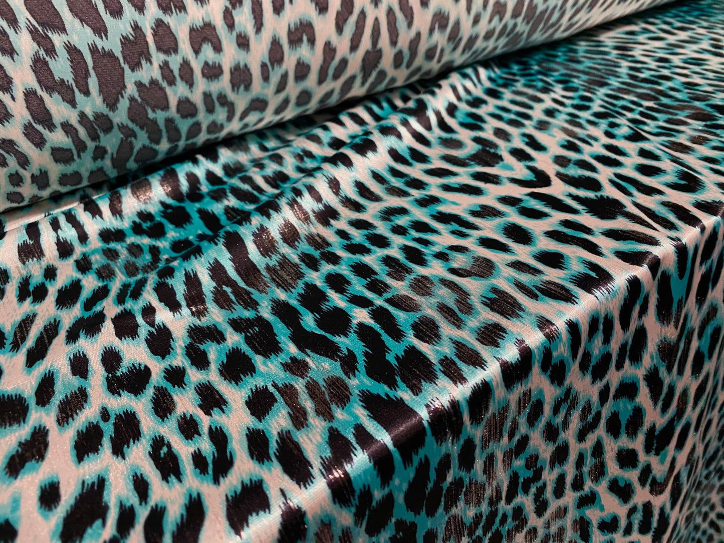 Silky Stretch satin charmeuse dress fabric, per metre - Leopardskin shimmer print - turquoise