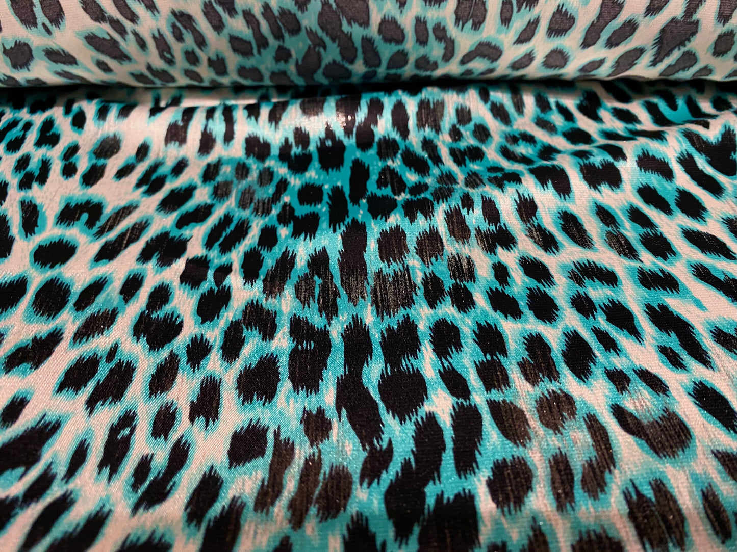 Silky Stretch satin charmeuse dress fabric, per metre - Leopardskin shimmer print - turquoise