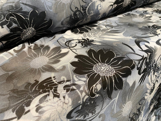 Power mesh net stretch fabric, per metre - Gerbera flower print - Grey & black