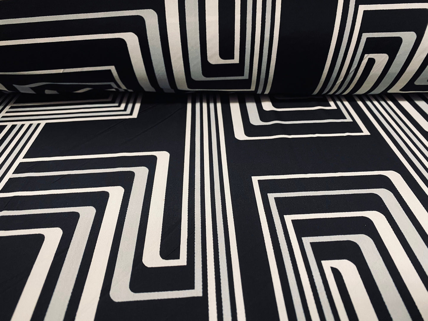 Spandex stretch ITY jersey fabric, per metre - black with black & grey retro geometric print
