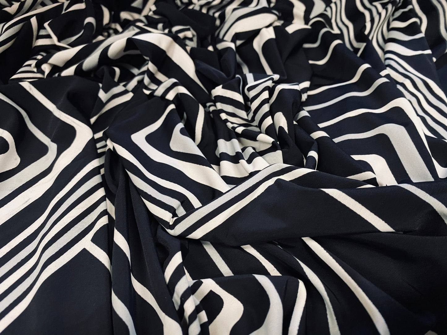Spandex stretch ITY jersey fabric, per metre - black with black & grey retro geometric print