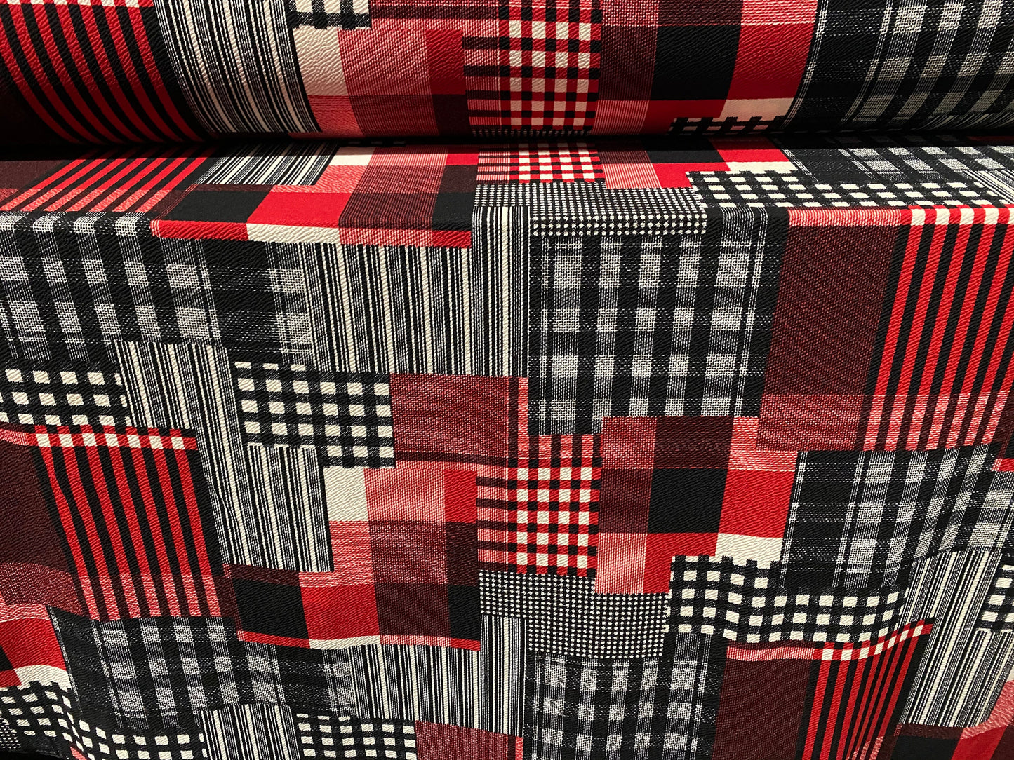 Waterfall textured scuba stretch Spandex jersey fabric, per metre - Patchwork check print - red