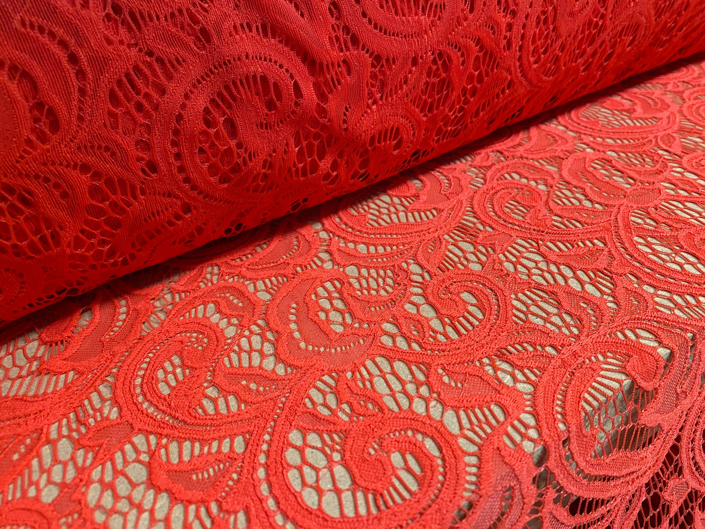 Stretch paisley swirl spandex lace dress fabric, per metre  - Orange