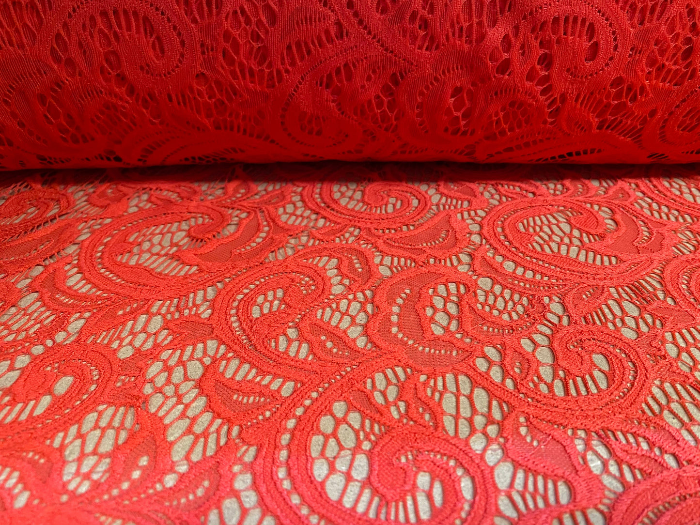 Stretch paisley swirl spandex lace dress fabric, per metre  - Orange