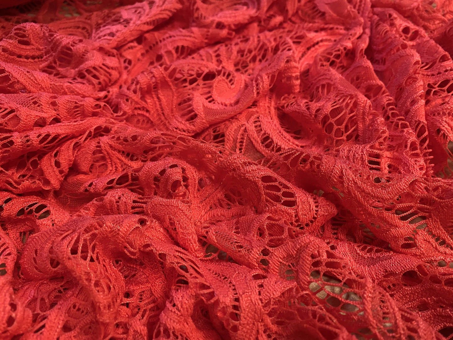 Stretch paisley swirl spandex lace dress fabric, per metre  - Orange