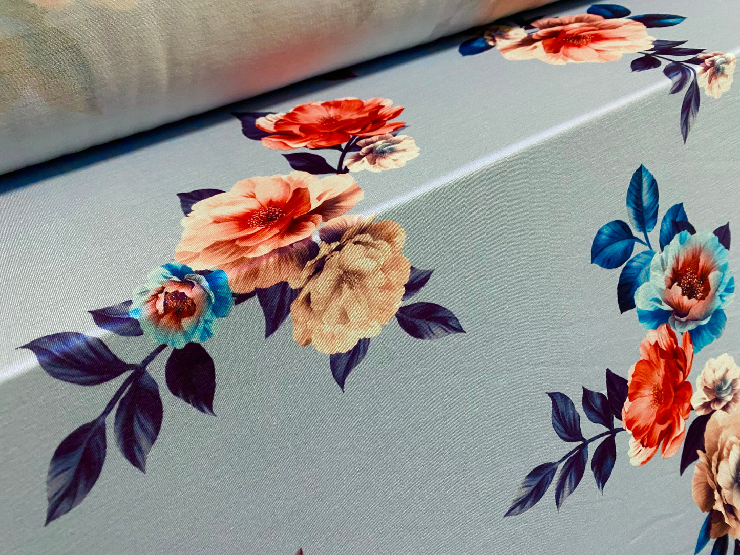 Viscose Elastane  stretch jersey fabric, per metre - Roses print - Sky blue