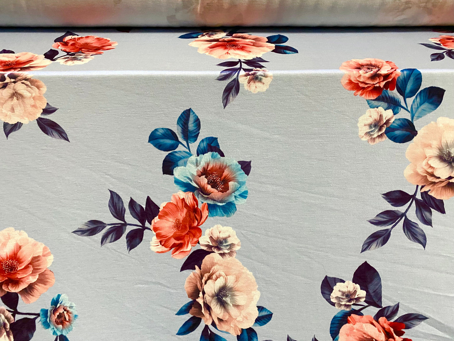 Viscose Elastane  stretch jersey fabric, per metre - Roses print - Sky blue