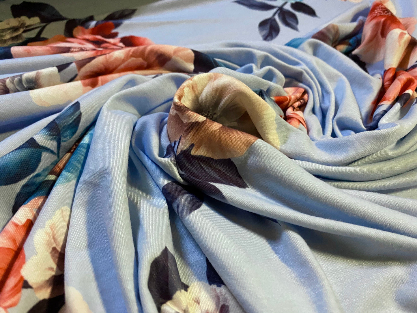 Viscose Elastane  stretch jersey fabric, per metre - Roses print - Sky blue