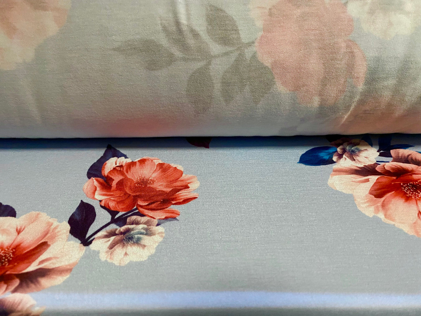 Viscose Elastane  stretch jersey fabric, per metre - Roses print - Sky blue