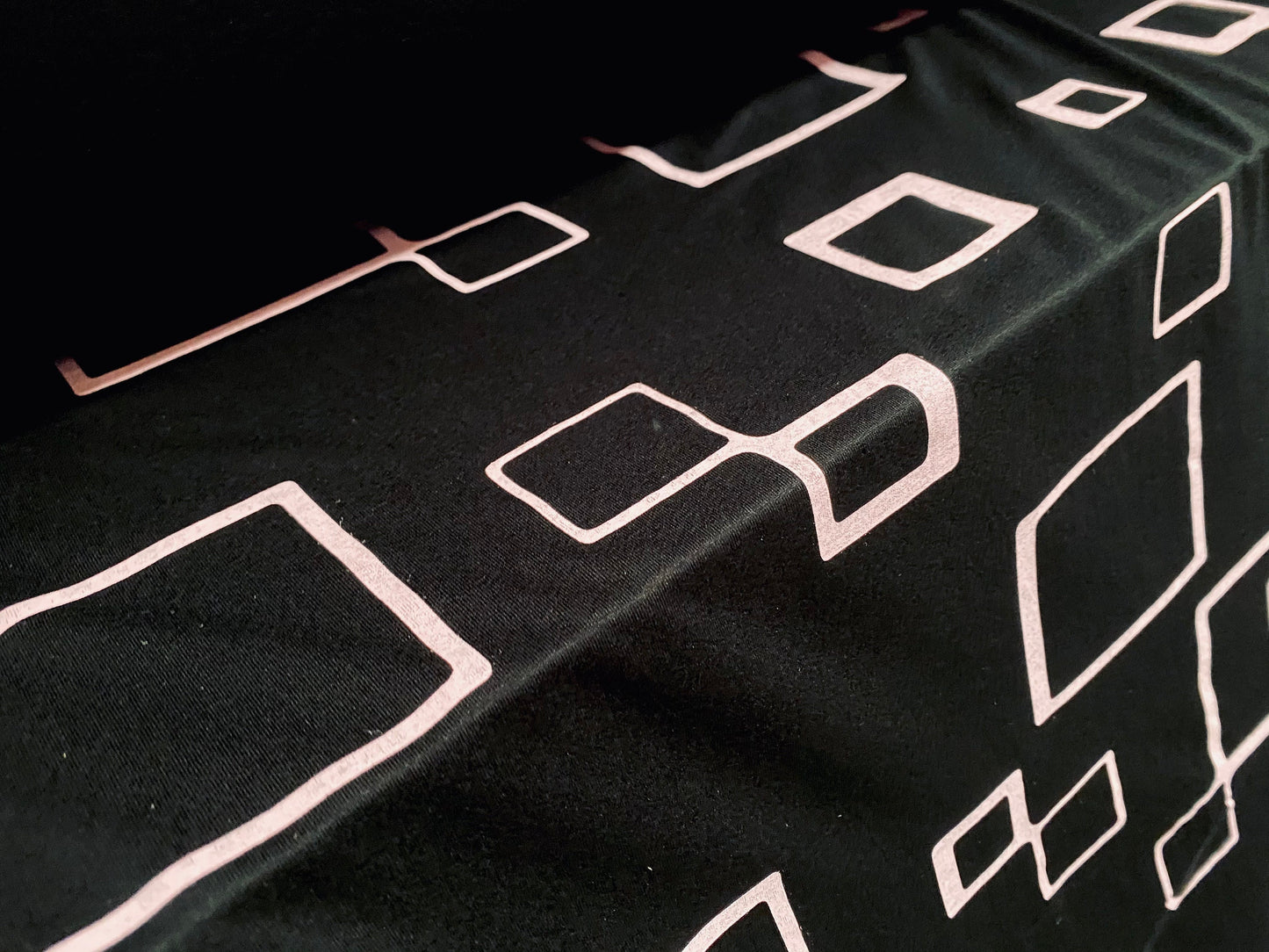 Viscose Elastane stretch single Jersey Fabric, per metre - geometric squares print - black & pink