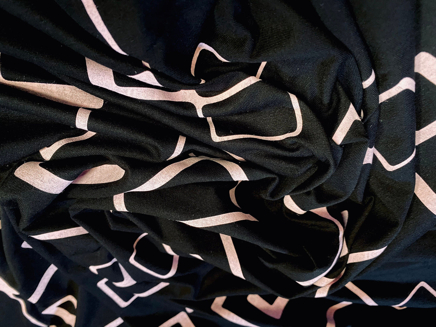 Viscose Elastane stretch single Jersey Fabric, per metre - geometric squares print - black & pink