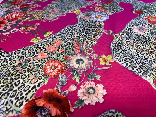 Ponte Roma double jersey stretch knit dress fabric, per metre - designer Leopardskin flowers & chains print - cerise