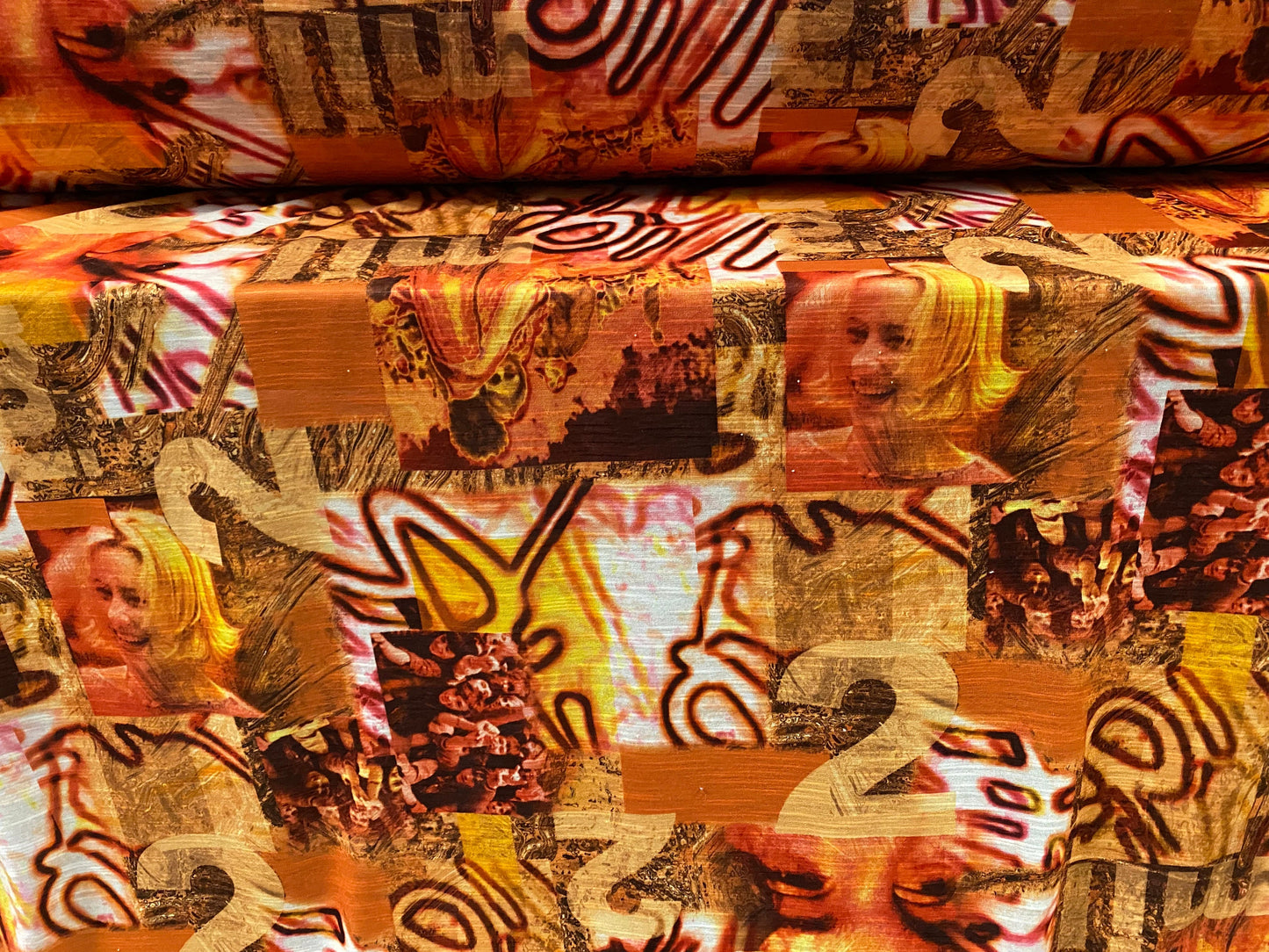 Slub single jersey printed fabric, per metre - festival graffiti faces print - orange