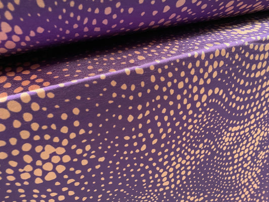 Disco shimmer stretch jersey fabric, per metre - spotty swirl print - purple & dusky pink