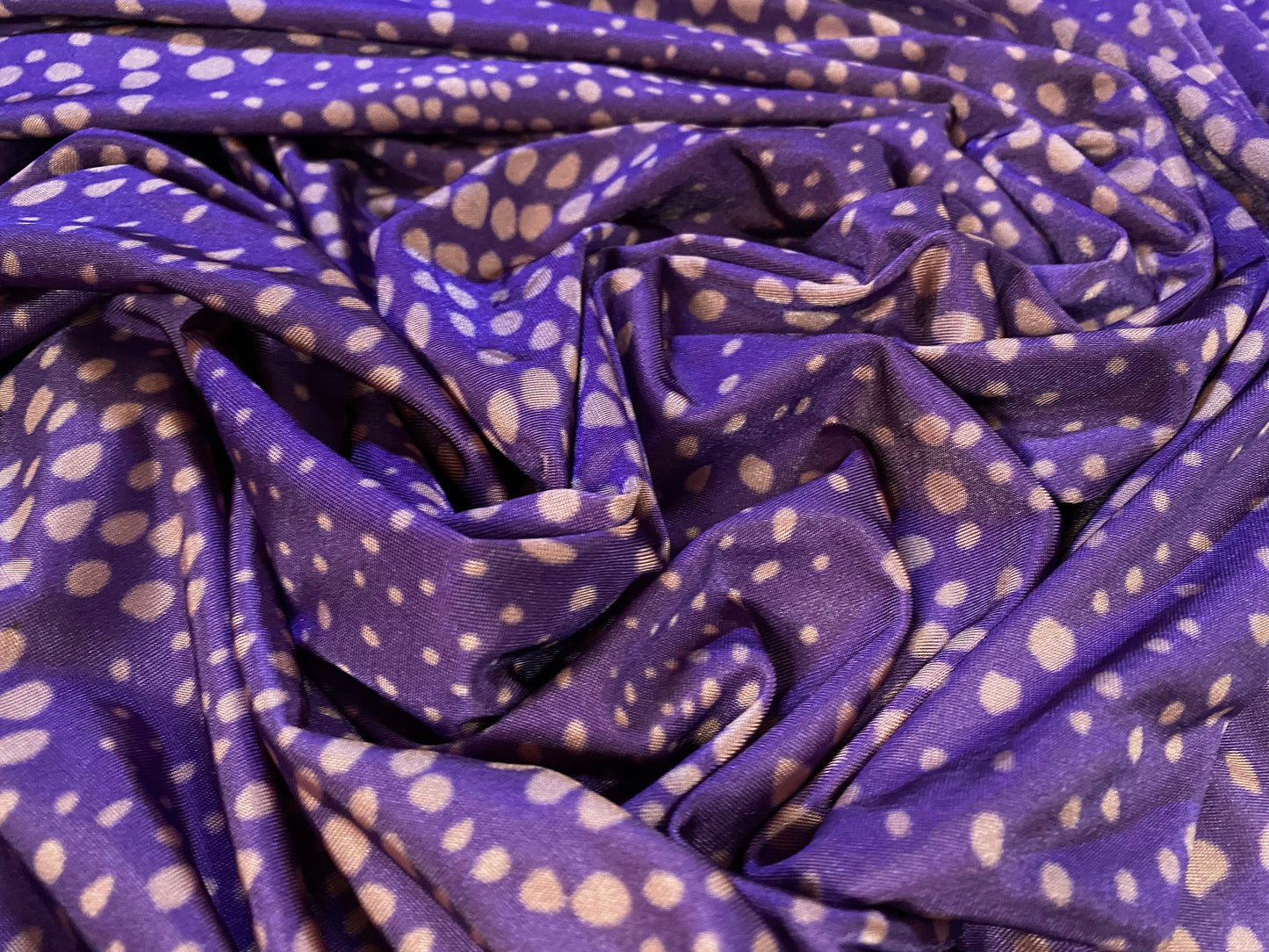 Disco shimmer stretch jersey fabric, per metre - spotty swirl print - purple & dusky pink