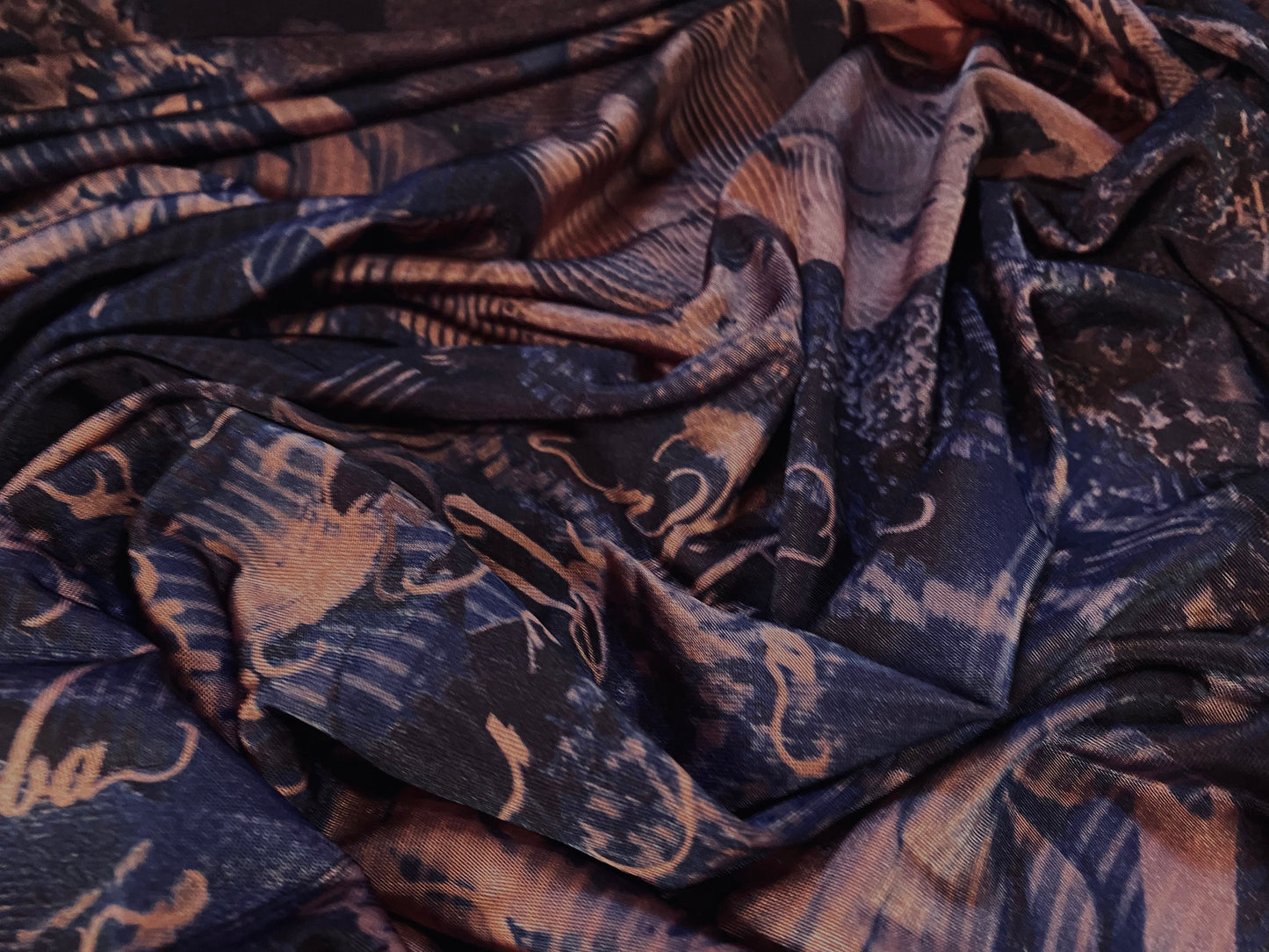 Disco shimmer stretch jersey fabric, per metre - distressed rose poem print - navy & dusky pink