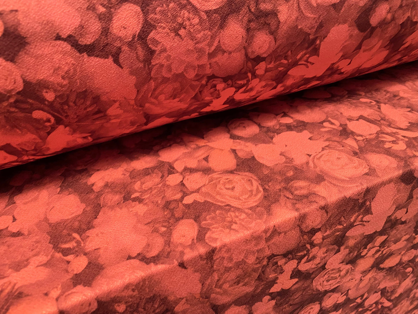 Stretch Spandex crepe jersey fabric, per metre - Roses print - coral