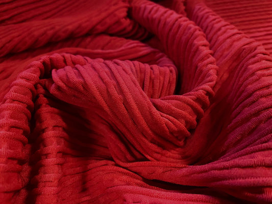 Textured rib jacquard stretch double jersey fabric, per metre - Red