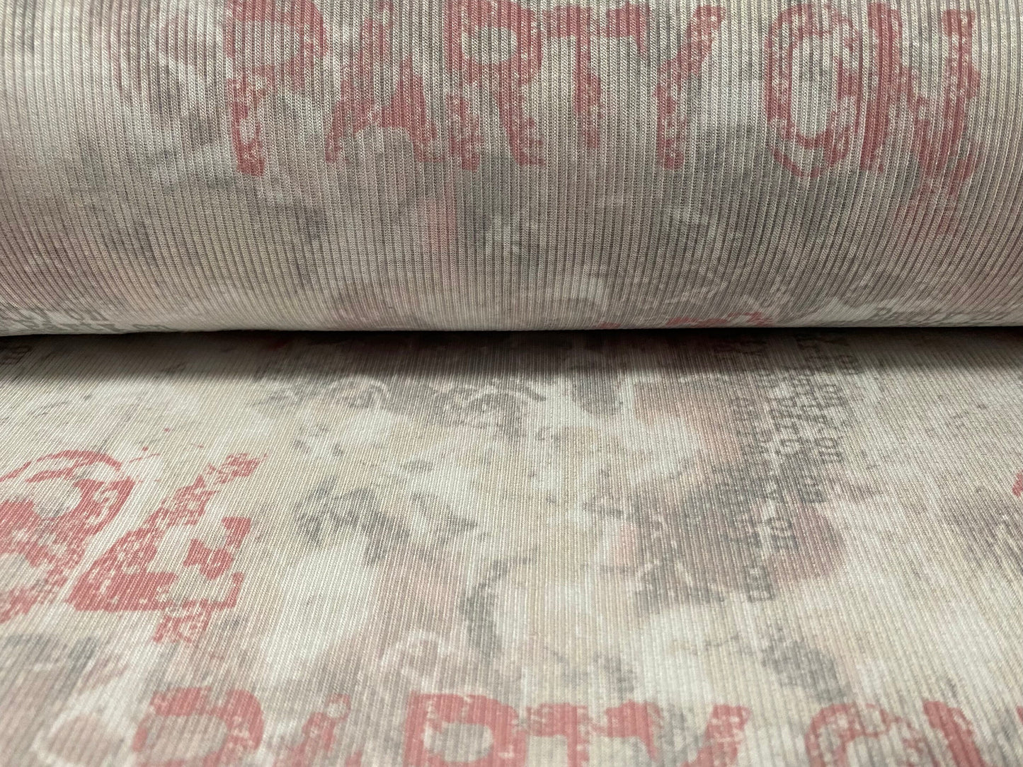 Soft touch rib jersey knit fabric, per metre - grey & pink ‘party on’ print