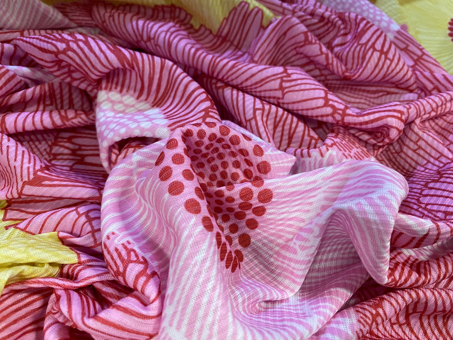 Soft touch rib jersey knit fabric, per metre - pink & yellow flower print