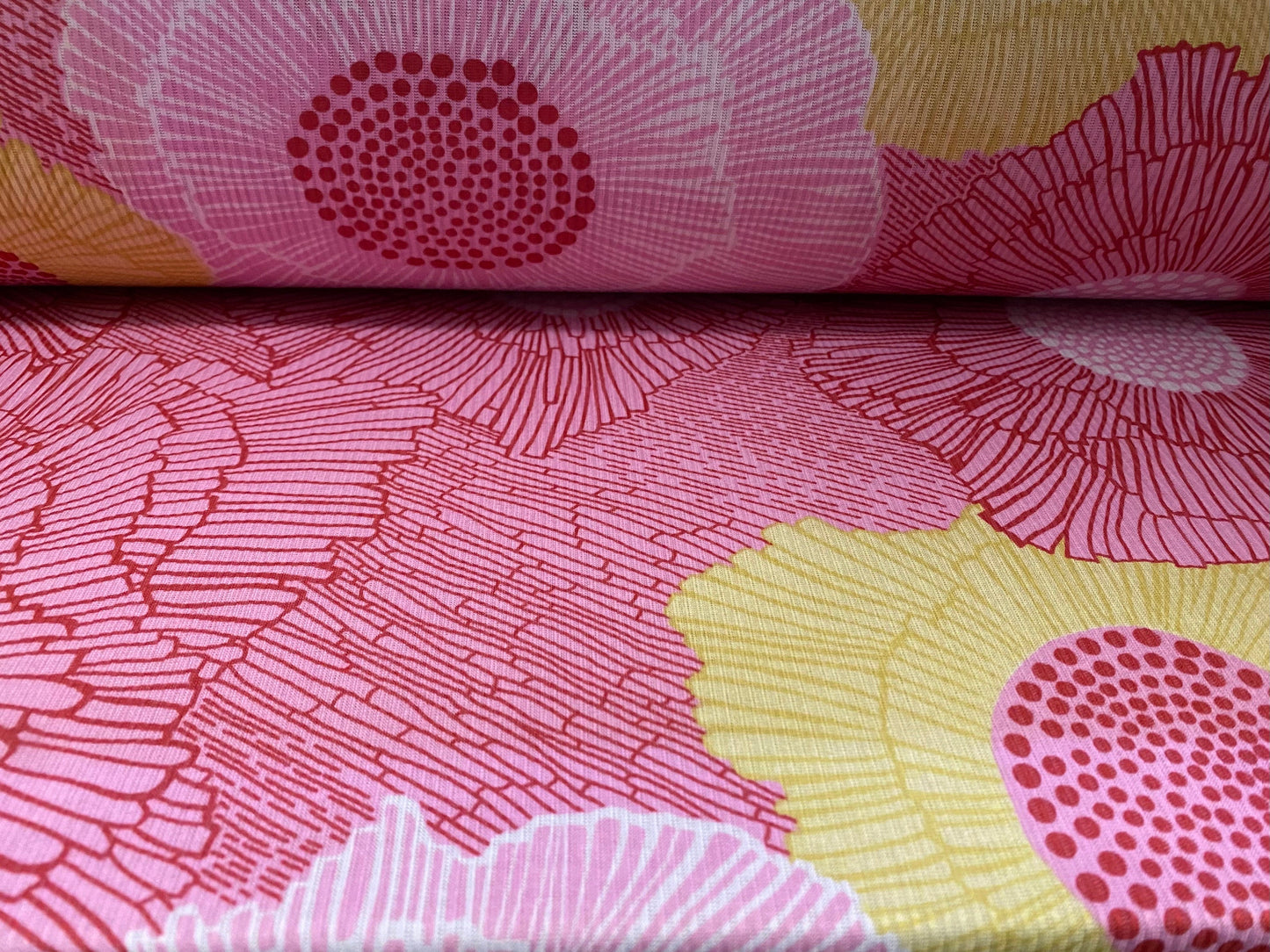 Soft touch rib jersey knit fabric, per metre - pink & yellow flower print