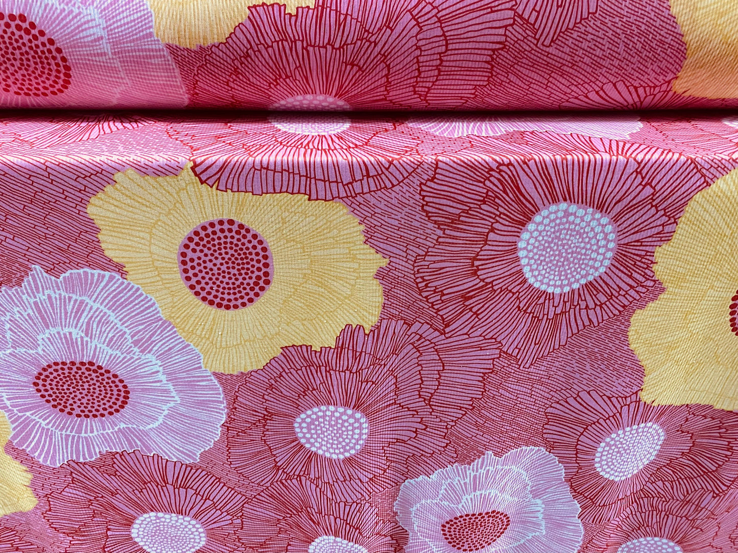 Soft touch rib jersey knit fabric, per metre - pink & yellow flower print