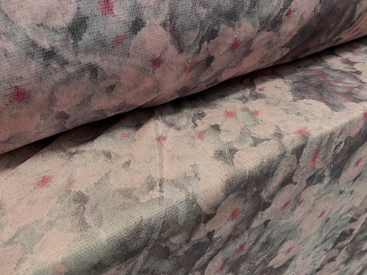 Stretch helenca mesh fabric, sheer, per metre - flowers print - grey & pink