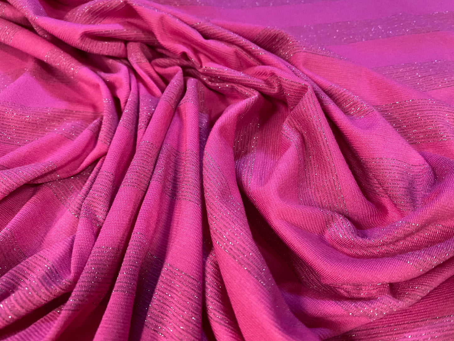 Lurex metallic single jersey stretch spandex fabric, per metre - cerise pink & silver stripe