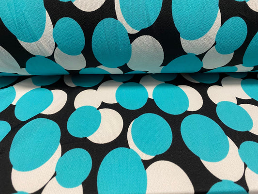 Stretch Spandex crepe jersey fabric, per metre - turquoise & black circles print