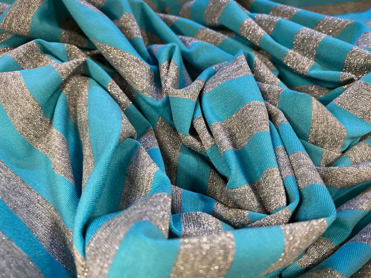 Lurex metallic single jersey stretch spandex fabric, per metre - turquoise  & silver stripe