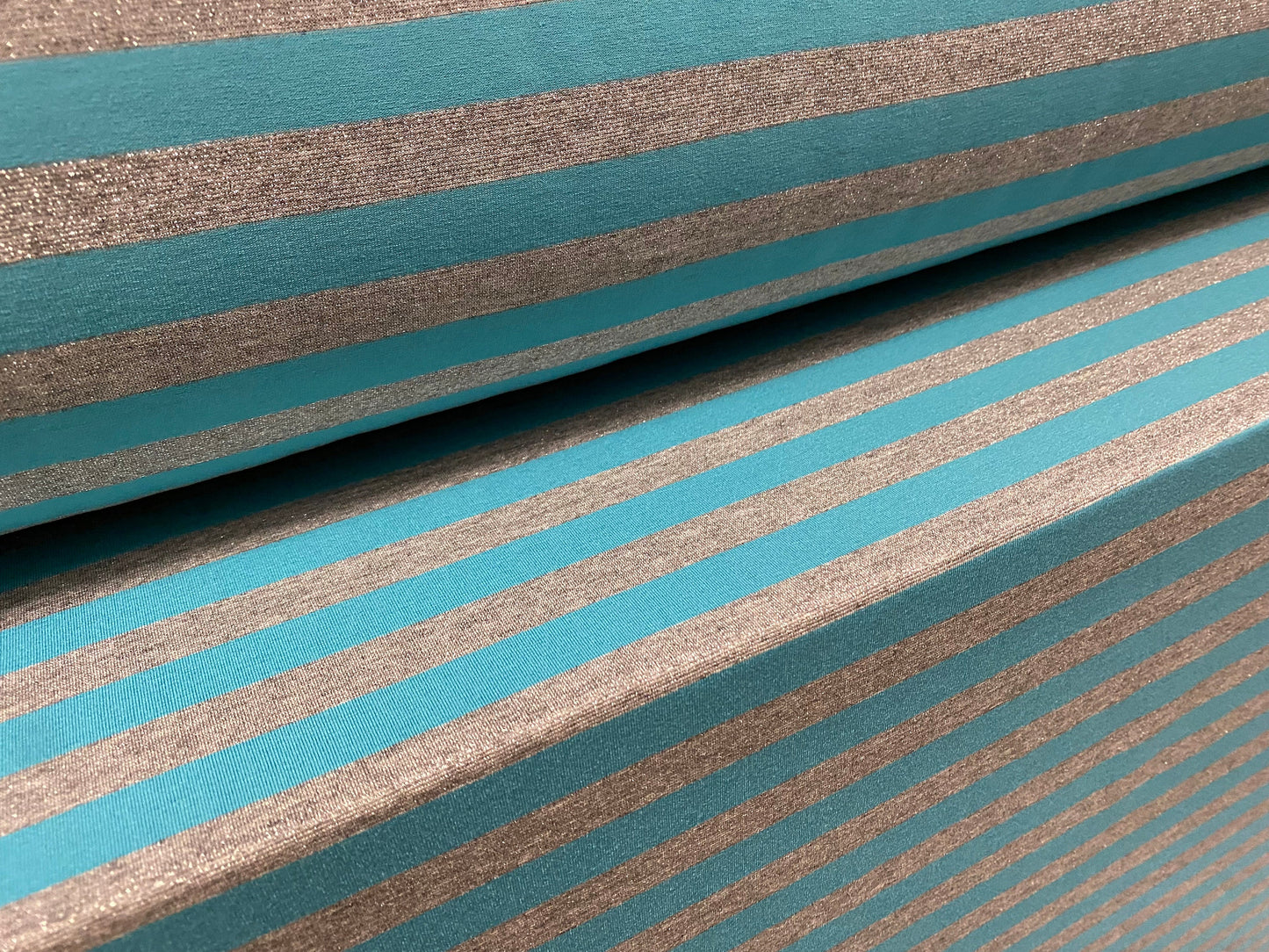 Lurex metallic single jersey stretch spandex fabric, per metre - turquoise  & silver stripe